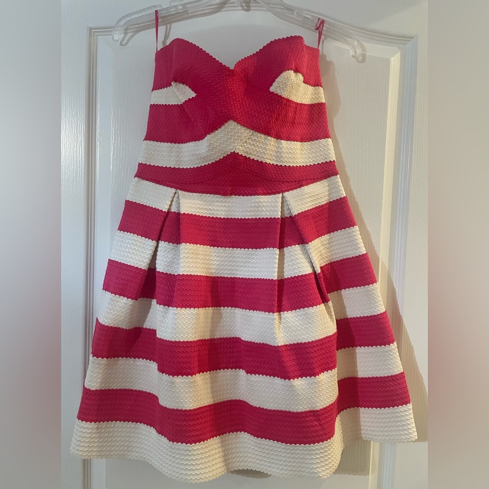 Jealous Tomato Pink and white striped strapless dress